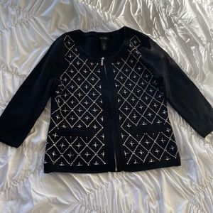 White House black market knit beaded black zipper cardigan top